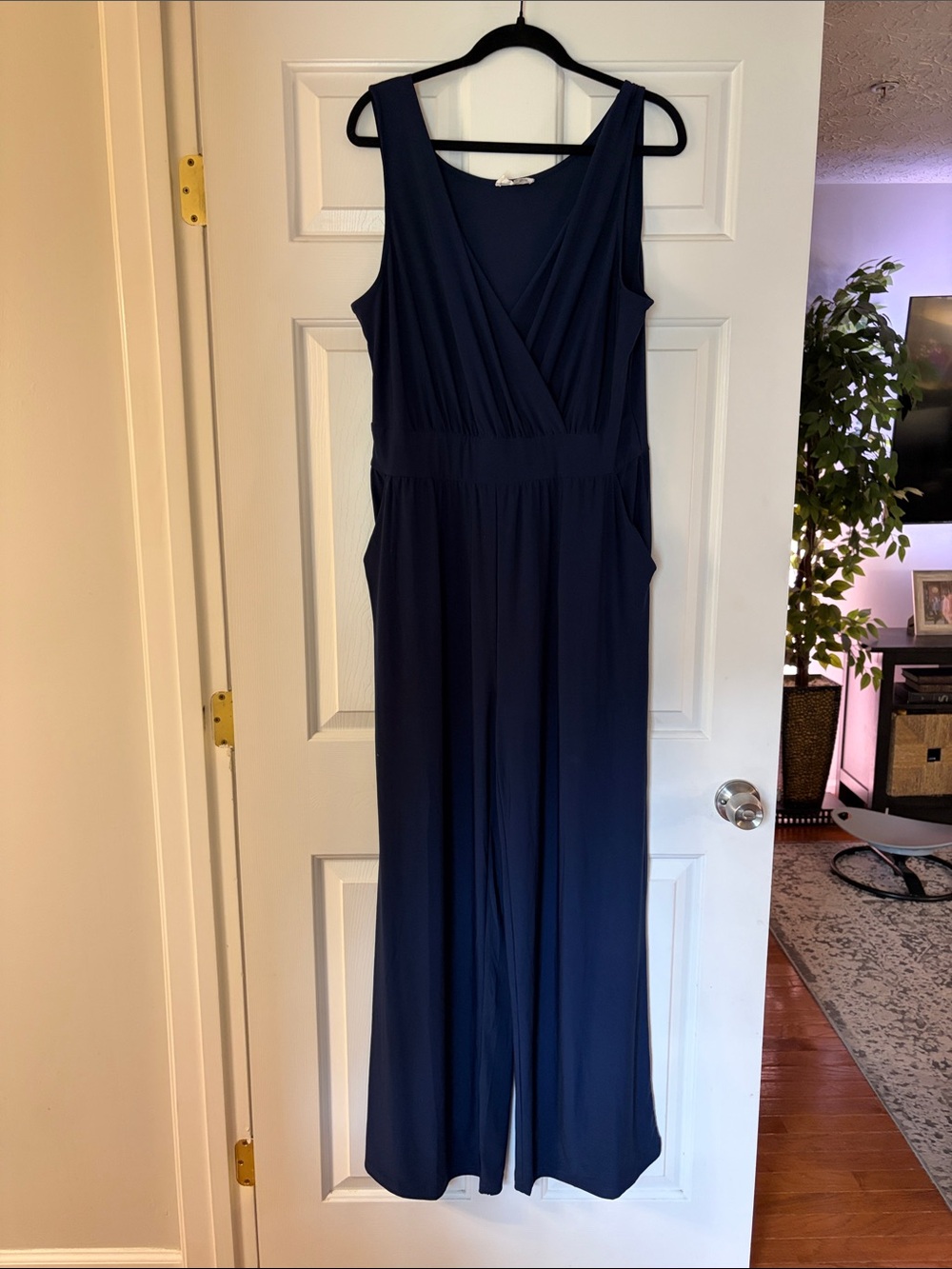 Sleeveless Navy Wrap-Front Wide-Leg Jumpsuit by Korye